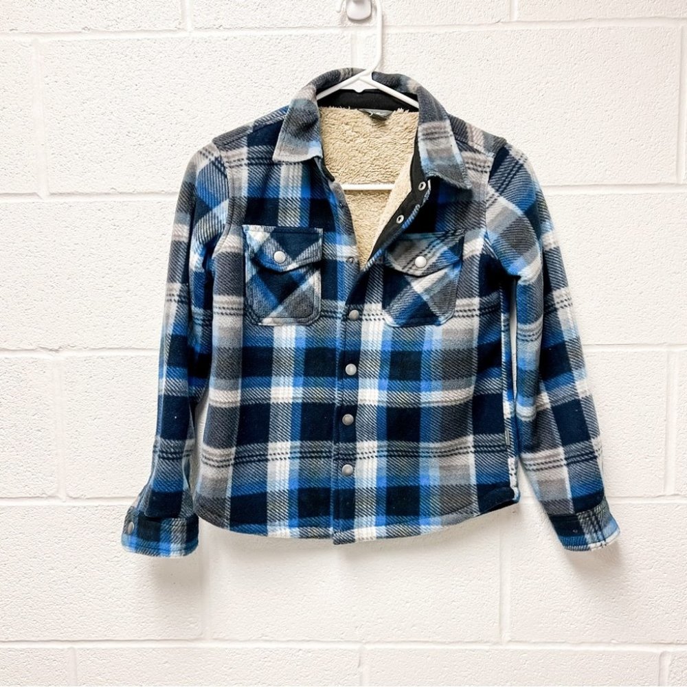 Eddie Bauer Black Blue and White Plaid Sherpa Flannel Button Down Shirt